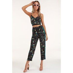 Lulus Boho Blooms Floral Print Pants Womens M Black Feminine Garden Party Casual